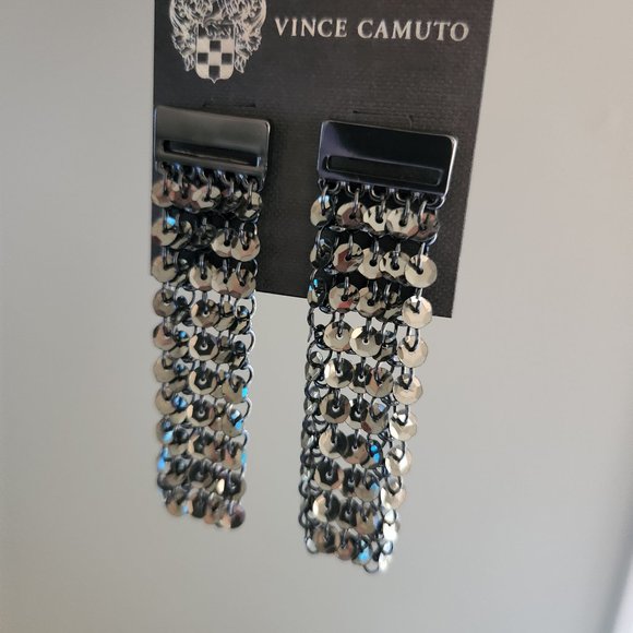 NWT Vince Camuto Sequin Earrings Hematite Black Dangle 3" Long - Picture 12 of 12